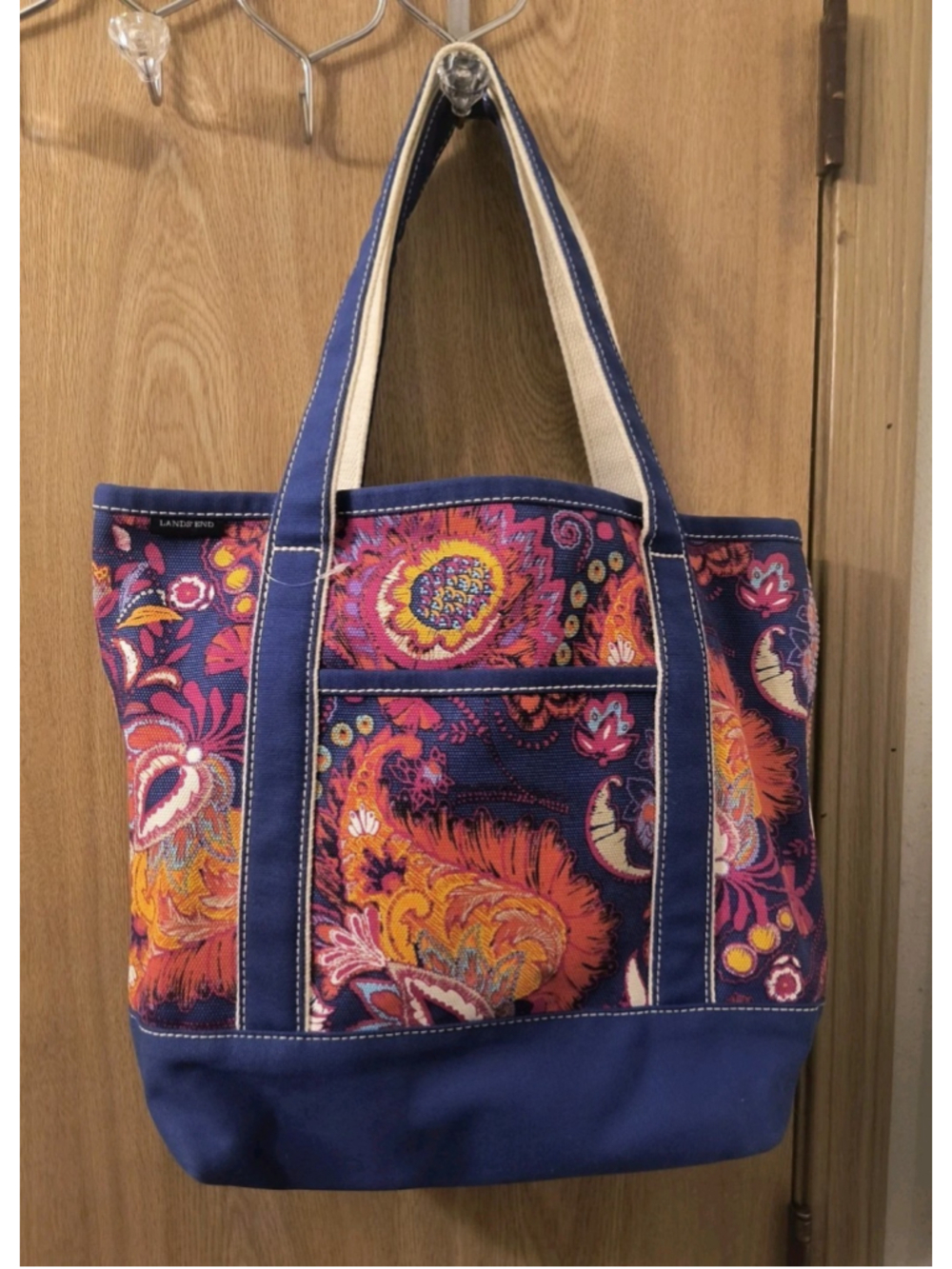 Lands' End Canvas Open Top Tote Bag Paisley Print Blue Pink Medium Travel Beach